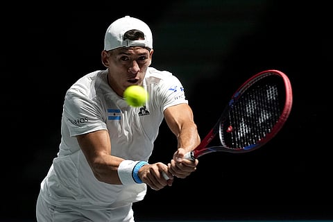 Davis Cup Tennis, Argentina vs Canada: Argentina's Sebastian Baez in action against Canada's Felix Auger Aliassime
